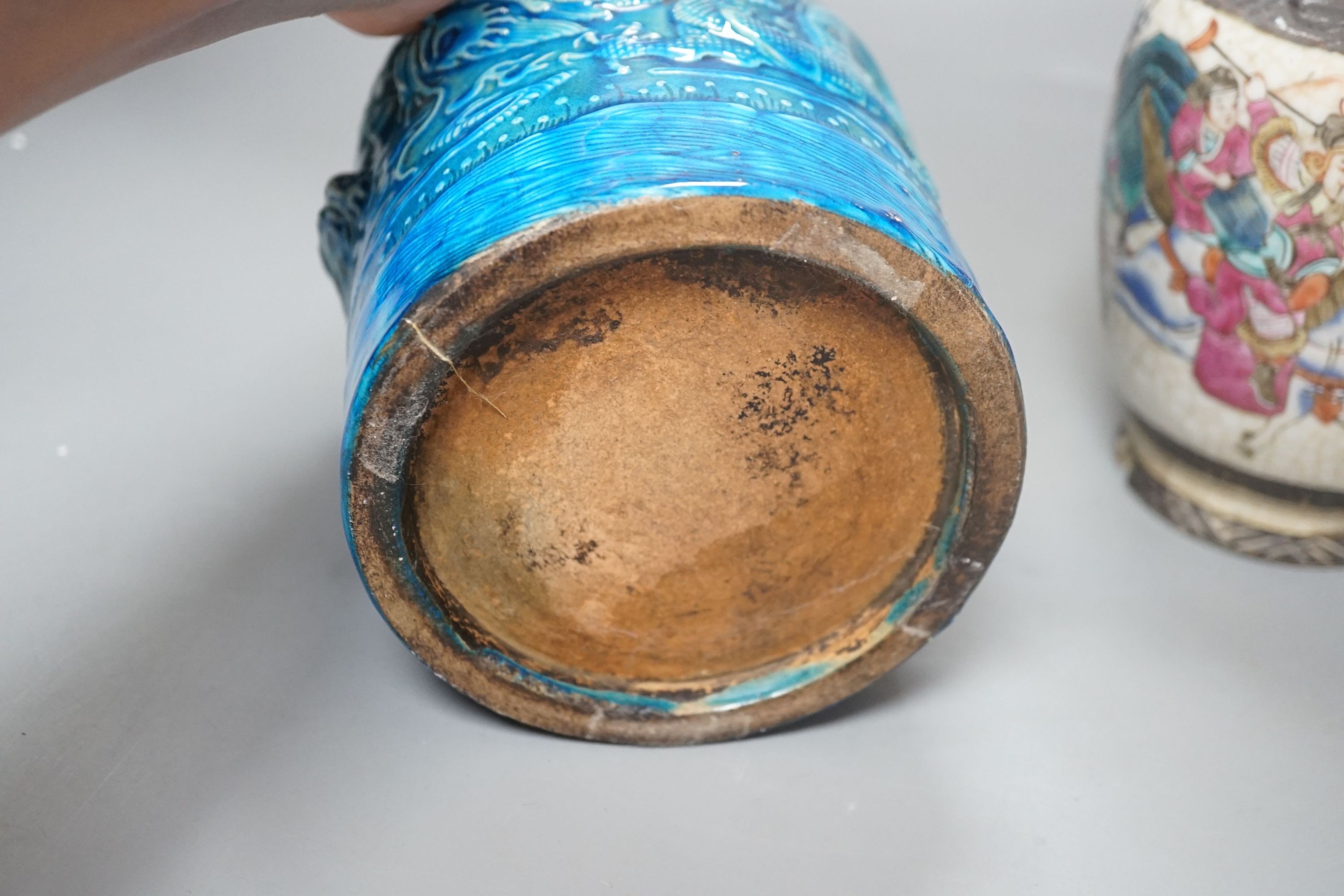 A Chinese famille rose vase, late 19th century and a Japanese turquoise glazed dragon brush pot - tallest 24cm